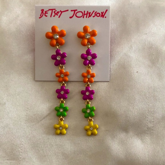 Betsey Johnson Gold Tone Linear Enamel Multicolored Flower Drop Earrings NWT - Picture 5 of 10